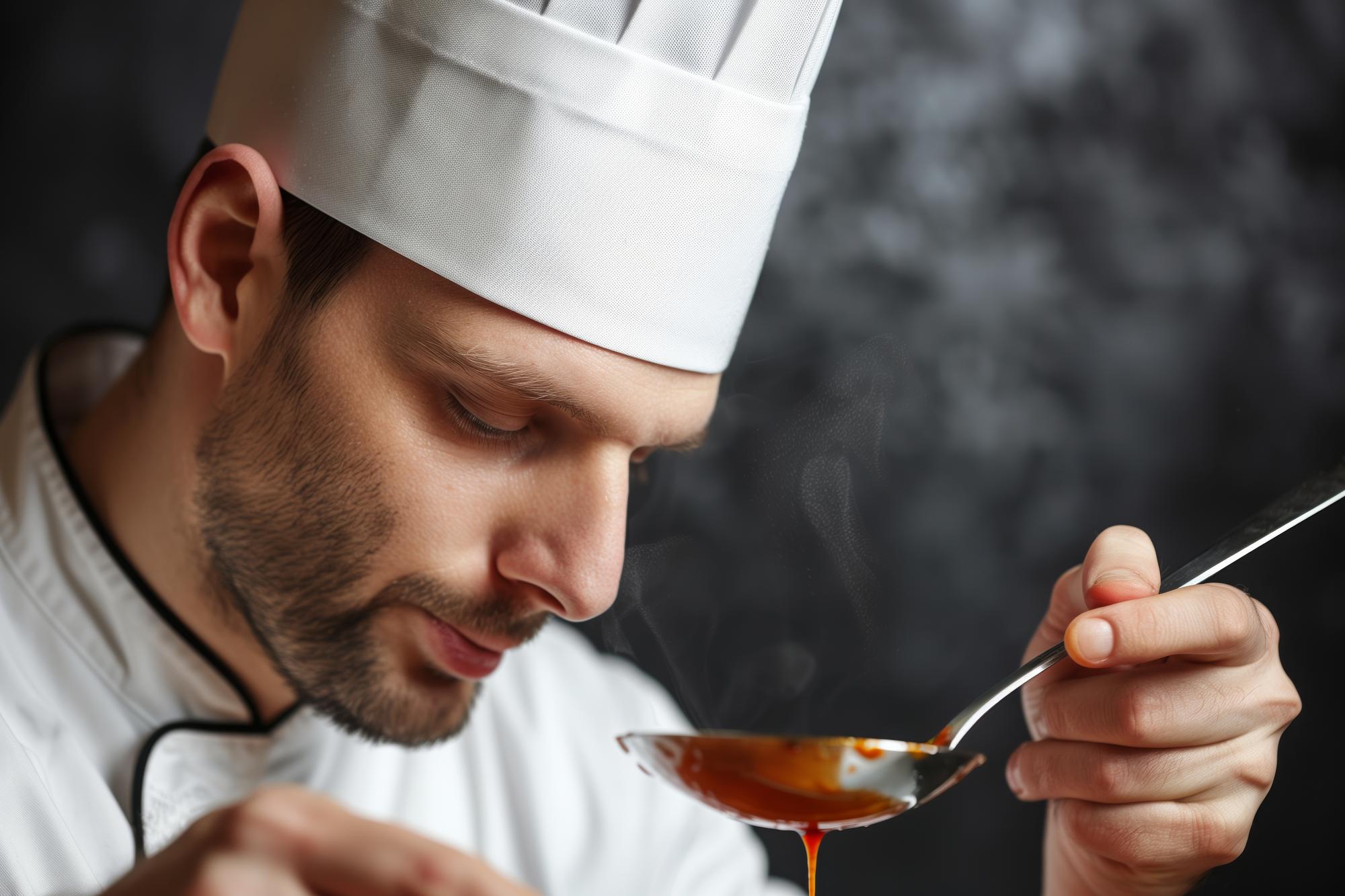Chef testing a new sauce in small kitchen
